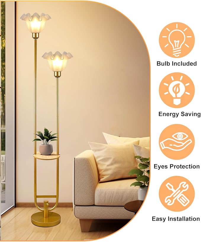 Lightdot Dimmable Flower Floor Lamp for Living Room, Modern Mid Century Floor Lamp with Table, Gold Tall Standing Lamp for Bedroom/Sofa Beside/Corner Decor(Bulb Included)