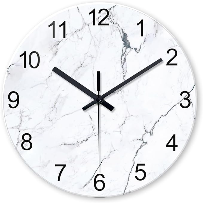 Modern White Marble Glass Wall Clocks Battery Operated 14 Inch Abstract Decorative Wall Clocks Round Minimalist Silent Wall Clock for Living Room