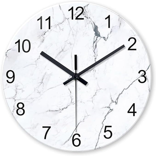 Modern White Marble Glass Wall Clocks Battery Operated 14 Inch Abstract Decorative Wall Clocks Round Minimalist Silent Wall Clock for Living Room