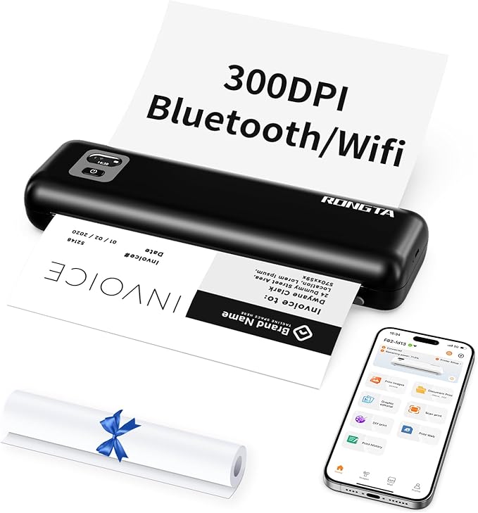 Rongta Portable Printers Wireless for Travel,Thermal Inkless Printer for School/Office/Home Use, Support 8.5x11 US Letter&A4 Thermal Paper, Compatible with Android,iOS & Laptop (Black)