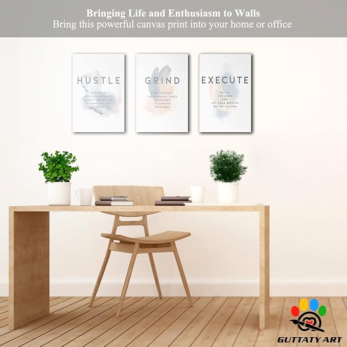 Office Wall Art - 3 Panel Motivational Wall Art, Inspirational Quotes Canvas Art for Home Office Wall Decor, Positive Quotes Wall Decor, Entrepreneur Grind Hustle Execution Poster Frame (12”x18”x3Pcs)