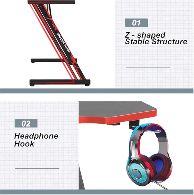 BestOffice Gmaing Desk 35.4in PC Computer Desk Z Shaped Gaming Workstation Ergonomic Gaming Table with Headphone Hook for Home Office, Red