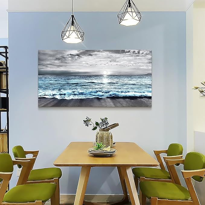 Canvas Wall Art For Living Room Wall Decorations For Bedroom Office Wall Decor Black And White Wall Painting Blue Ocean Sea Wave Pictures Artwork For Modern Framed Beach Posters Home Decor 20"X40"