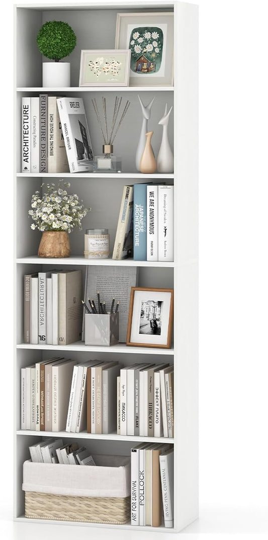 Giantex 6-Tier Bookcase, 70" Tall Wooden Bookshelf, Freestanding Storage Organizer w/Open Shelves, Anti-Tipping Kits, Modern Floor Standing Display Shelves for Living Room, Bedroom (1,White)