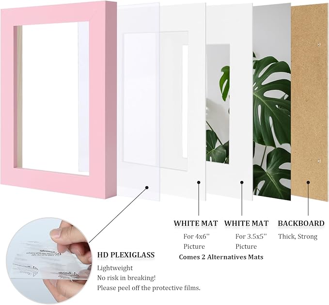 Egofine 5x7 Picture Frames with Plexiglass, Display Pictures 3.5x5/4x6 with Mat or 5x7 Without Mat Set of 4 for Tabletop and Wall Mounting, Pink