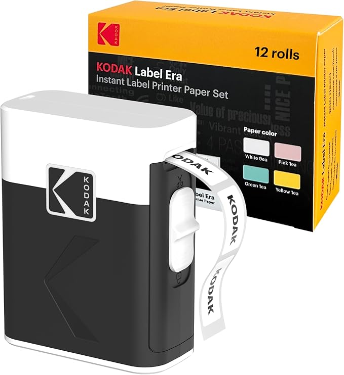 KODAK Label Maker Machine + 12-Pack Refills Bundle, Safe Blade Label Printer for Office, School & Home Organization, White