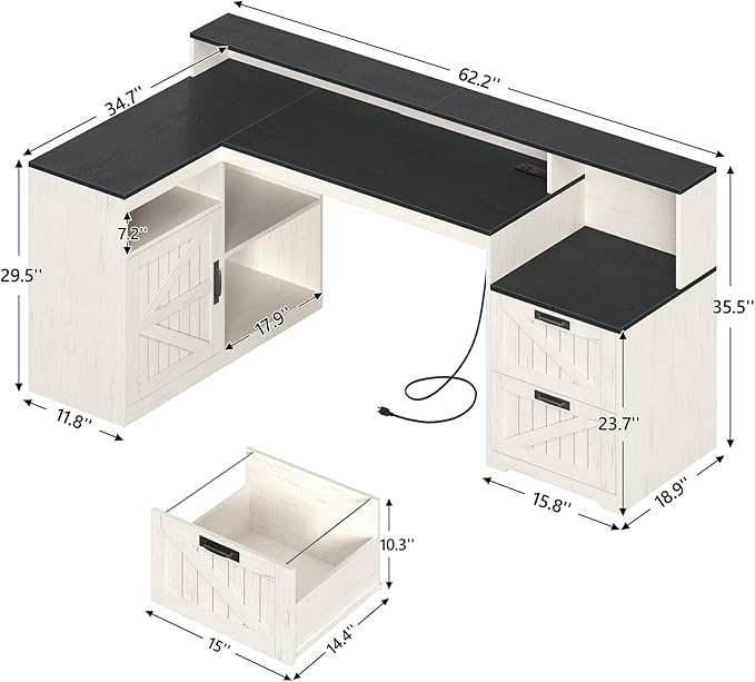 TVU Farmhouse L Shaped Desk with Drawers, 62.2" Home Office Desk with Storage Shelves and Power Outlet, L Shaped Computer Desk with Monitor Stand and Printer Shelf, Black and White