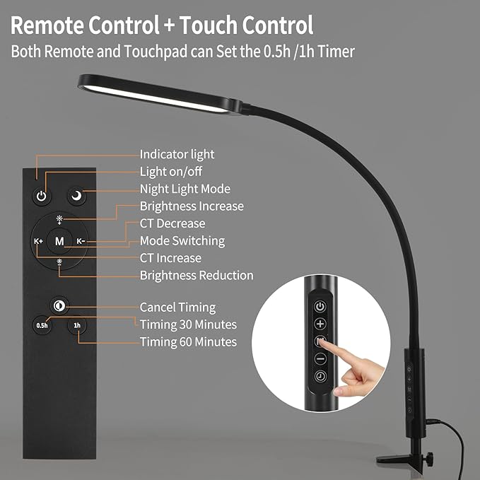 Clamp on Lamp, LUJOLUMIN LED Desk Lamp, 18W, 3000 LMS, 3 Color Modes, 16 Brightness Levels, CRI>95, Reading Light, Eye-Caring Task Lamp with Remote for Reading, Office, Home (Adapter Included)