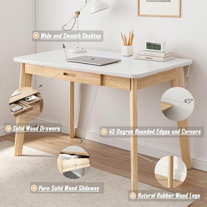 IOTXY Solid Wood Writing Desk - Home Office Workbench Desk with Drawer, 39.37" Width Laptop Computer Work Study Table in White