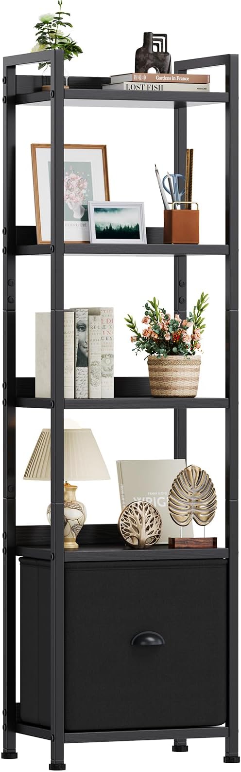 DUMOS 5 Tier Bookshelf, Bookcase with Fabric Drawer, Multi-Functional Display Standing Shelf for CDs/Books/Movies, Wood and Metal Storage Organizer in Bedroom, Living Room and Closet, Black