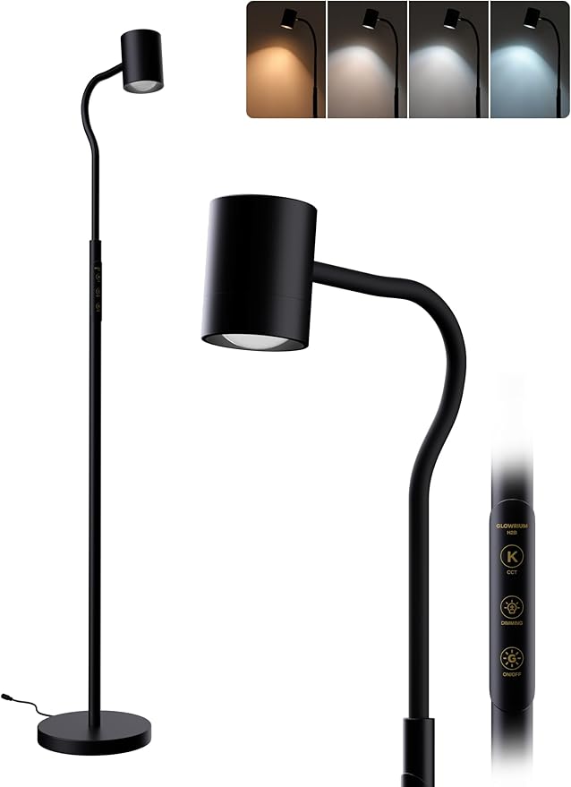 Reading Floor Lamp, 62" Tall LED Floor Lamp, Dimmable Standing Lamp, 7 Brightness & 4 Color Temperature, Adjustable Gooseneck, Touch Control, Task Craft Light for Living Room Bedroom Office,Black
