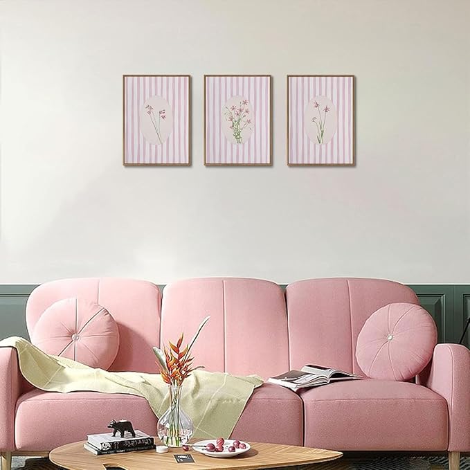 3 Piece Floral Framed Wall Art Pink Wildflower Canvas Wall Art Flower Pictures Wall Decor Boho Botanical Paintings Poster Prints for Girly Room Bedroom Living Room
