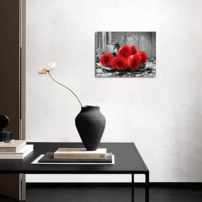YMYXMC33 Red Rose Flower Picture Decor Wall Art Canvas Print Black and White Poster Country Love Decoration Bedroom Bathroom12x15