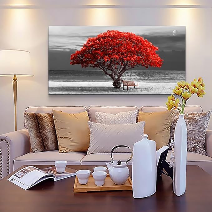 WapluamWall Decor Living Room Large Size Canvas Wall Art For Office Black White With Landscape Moon Wall Painting Red Trees Canvas Pictures Framed Artwork Bedroom Decor Home Decorations 30" X 60"