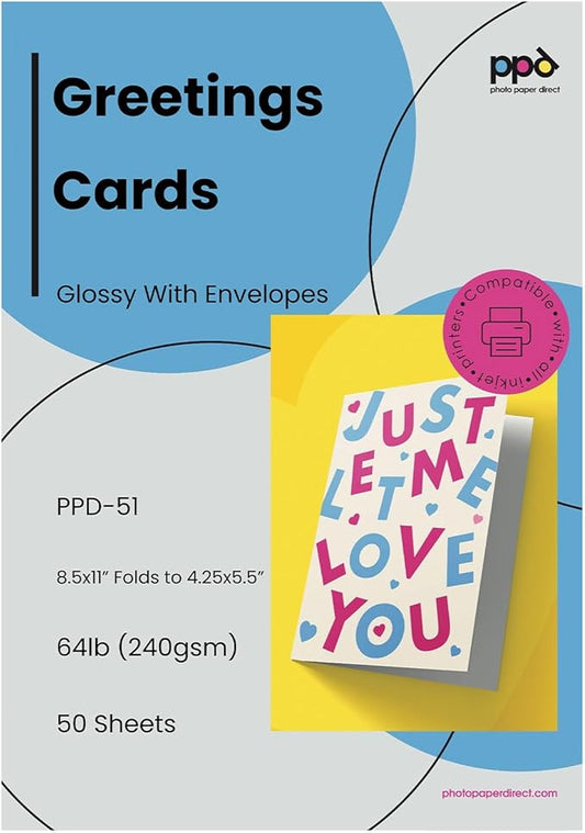 PPD Greeting Card Paper, Printable Greeting Cards With Envelopes for Inkjet Printer, 8.5 x 11 Blank Half Fold to 5.5 x 8.5 Custom Cards for Birthday, Wedding, Invitations, Thank You Note (50 Sheets)