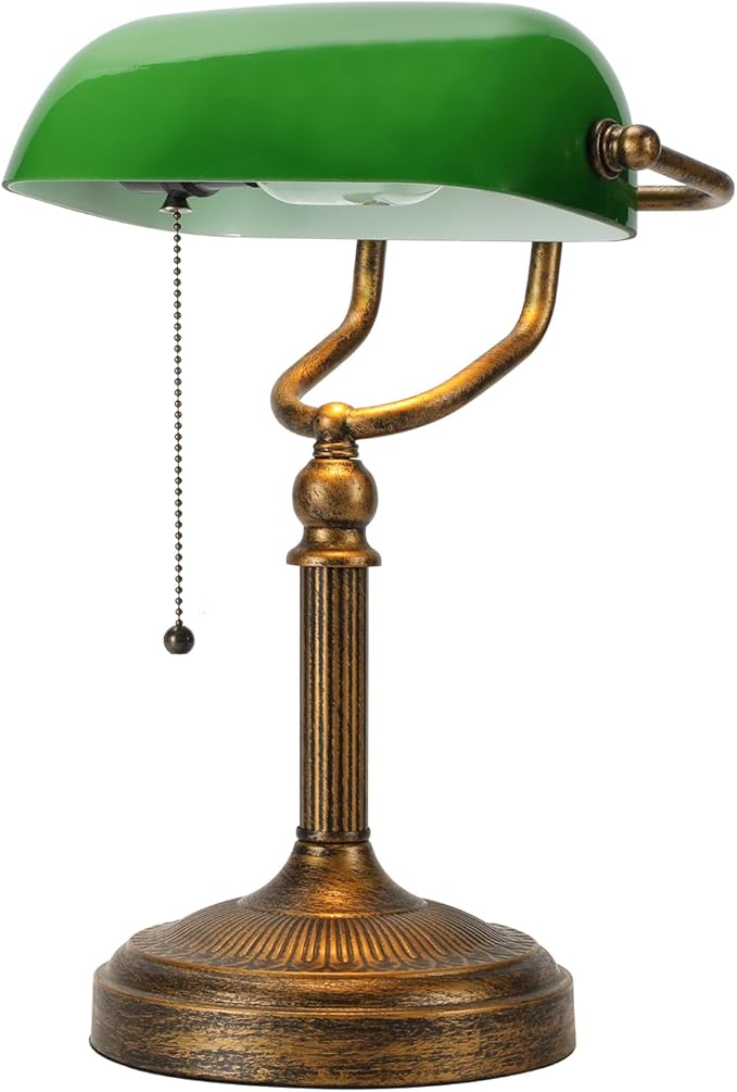 NISSAFORS Bankers Desk Lamp, Green Glass Shade, Vintage Desk Lamp with Pull Chain Switch, Retro Table Lamps for Home Office (Retro Gold+Green, Large)