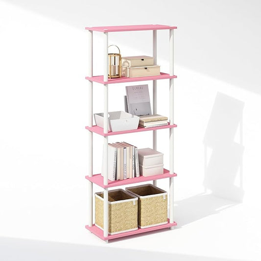 Furinno Turn-N-Tube Book Shelf, 5-Tier Bookshelf, Bookcase with Multipurpose Compact Display Rack, 11.6 x 23.6 x 57.4, for Living Room, Bedroom, Home Office, Pink/White