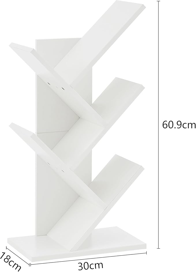 Hoctieon 4 Tier Tree Bookshelf, 4 Shelf Bookcase, Free Standing Tree Bookcase, Display Floor Standing Shelf for Books, Book Organizer Shelves for Home Office, Living Room, Bedroom, White