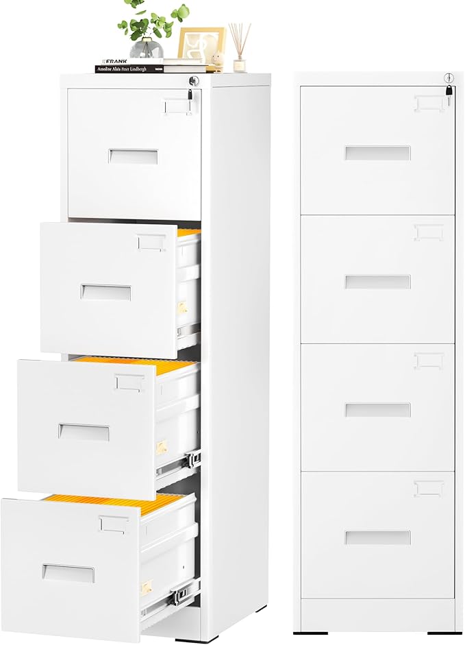 INTERGREAT 4 Drawers File Cabinet with Lock, 18" D Metal White Vertical Filing Cabinet for Hanging Folders, Easy Assemble