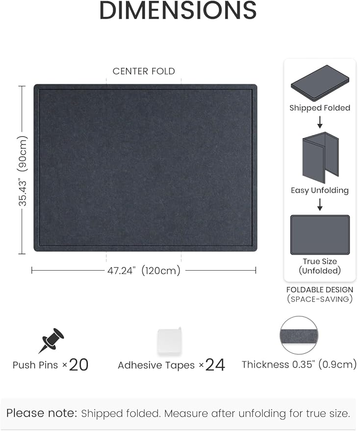 Fluxynara Large Bulletin Board, 47.2" x 35.4" Cork Board Alternative with 24 Safe Removable Adhesive Tabs, Foldable Felt Pin Board for Home Office, Classroom, Bedroom,Entryway for Walls— Navy Blue