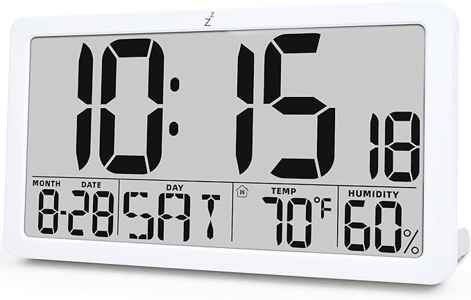 TXL Large Display Digital Wall Clock, Battery Operated with Temperature & Humidity, Auto DST, Date & Weekday, Easy Set Alarm, for Living Room, Bedroom, Office & Classroom (White)