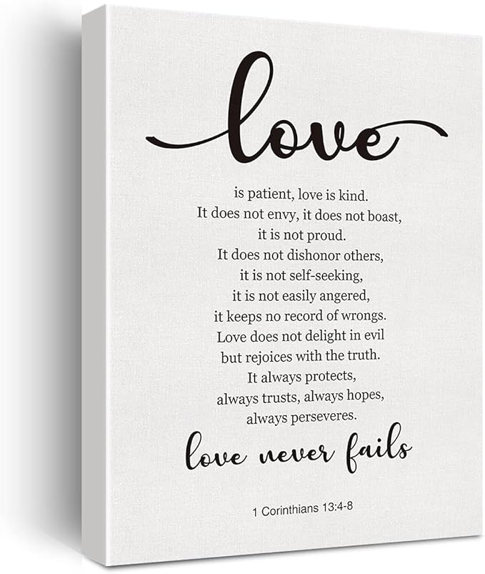 Bible Verse Art Wall Decor 1 Corinthians 13:4-8 Love Never Fails Scripture Canvas Painting Print for Home Living Room Decor Framed Artwork Christian Wedding Gifts(12x15 Inch)