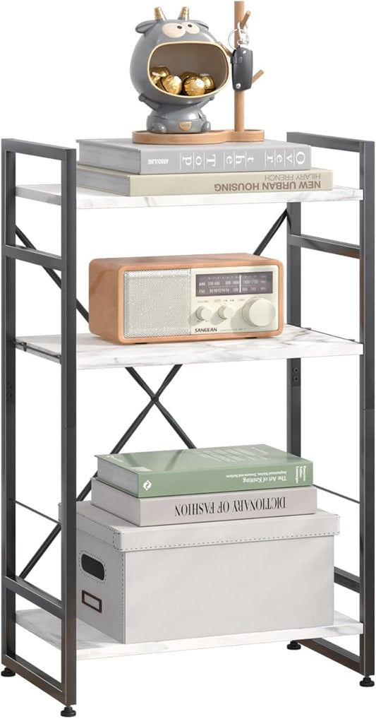 Bookshelf Organizer,3 Tiers Adjustable White Faux Marble Small Bookcase for Small Space,Industrial Wooden Storage Bookcase Display Rack and Storage Organizer for Living Room Home Office