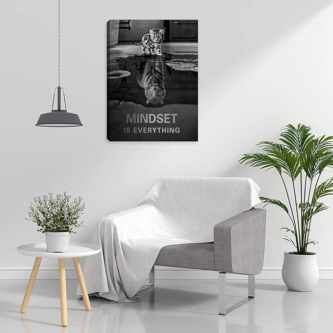 Kuiluuye Motivational Black Tiger Wall Art Mindset Cat Poster Painting Prints Art Wall Decor Inspirational Positive Quotes Canvas Office Decor Living Room Bedroom Artwork Decorations Framed 12""x16""