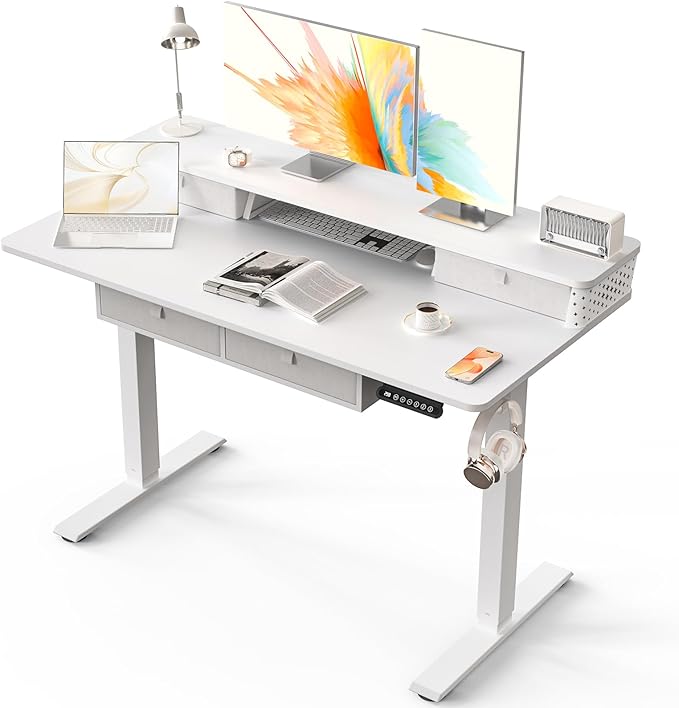 Kingant 48 x 24 Inch Electric Standing Desk with 4 Drawers, Height Adjustable Sit to Stand Computer Desk with Storage Shelf and C-Clamp Mount Compatibility for Home Office, White
