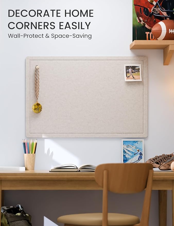 Fluxynara Bulletin Board,35.4" x 23.6" Cork Board Alternative with 12 Safe Removable Adhesive Tabs, Foldable Felt Pin Board for Home Office, Classroom, Bedroom,Entryway for Walls— Oatmeal