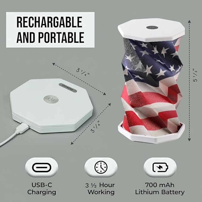 Origami Expanding Foldable LED Desk Lamp – USB Rechargeable & Portable - Dimmable Touch Control Light with Adjustable Height up to 5 1/2 for Office, Travel, Bedside & Modern Design (American Flag)