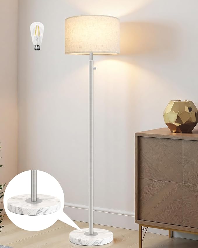 Floor Lamps for Living Room–LED Bulb Included,Dimmable Floor Lamp with Linen Shade,Modern Standing Lamp with Marble Base,Tall Floor Lamp for Bedroom,Nursery,Reading & Office,Silver