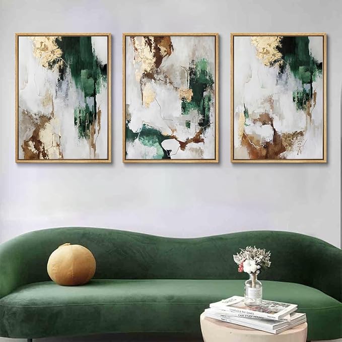 3Pcs Green and Gold Canvas Wall Art Abstract Posters Print Brown and Gray Line Pictures Decor for Living Room Bedroom Bathroom Home Decoration Unframed