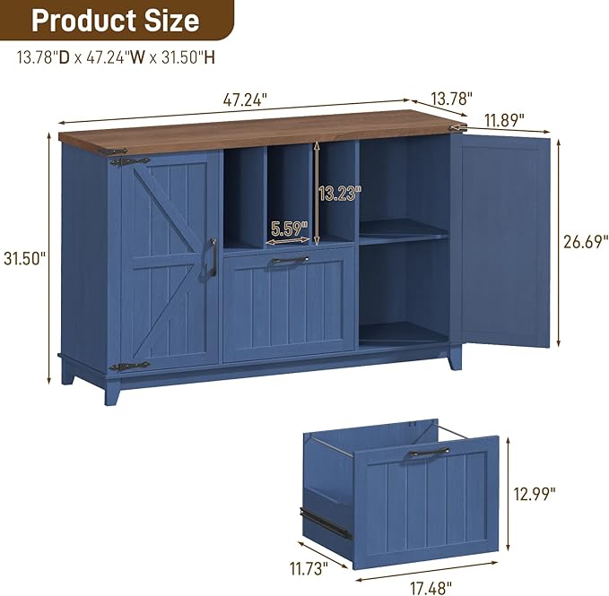 Vabches Lateral File Cabinet with File Drawer, Farmhouse Filing Cabinet with Storage Shelves for Legal/A4/Letter Size Hanging Files, Large Modern Printer Stand for Home Office (Navy Blue and Brown)