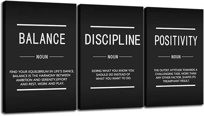 3 Panel Balance Discipline Positivity Noun Canvas Wall Art Motivational Quotes Poster Inspiring Inspirational Picture Print Artwork for Home Living Room Bedroom Office Wall Decor Framed[72''Wx 36''H]