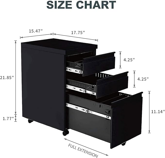 Yiguo 3-Drawer Mobile File Cabinet with Lock, Rolling Office File Cabinet Under Desk, Metal Filing Cabinet with Wheels for Legal Letter A4 File Size (Black)