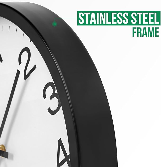 Wall Clock 12 Inch Metal Finish Silent Non Ticking Indoor Clock Round Battery Operated Stainless Steel Wall Clocks for Home, Office, Living Room (White-Black, 12 Inch)
