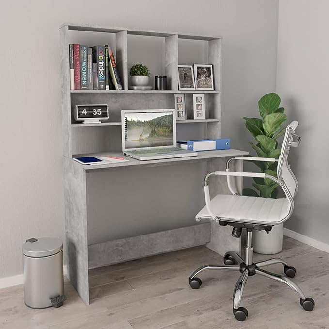 Modern Writing Computer Desk with Shelves and Upper Cabinet, Home Office Desk Writing Study Table PC Desk Workstation for Bedroom, Concrete Gray 43.3"x17.7"x61.8" Engineered Wood(B)