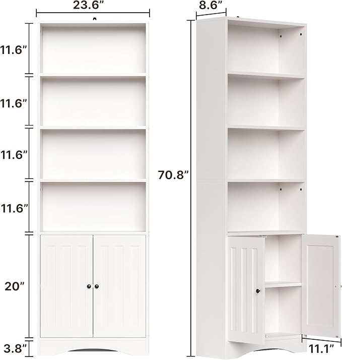 Gizoon Bookshelves and Bookcases with Doors, 6-Shelf Bookcase, Floor Standing Display Storage Shelves, 71” Tall Bookcase, with Adjustable Shelves, for Home, Office, Living Room, Bedroom, White