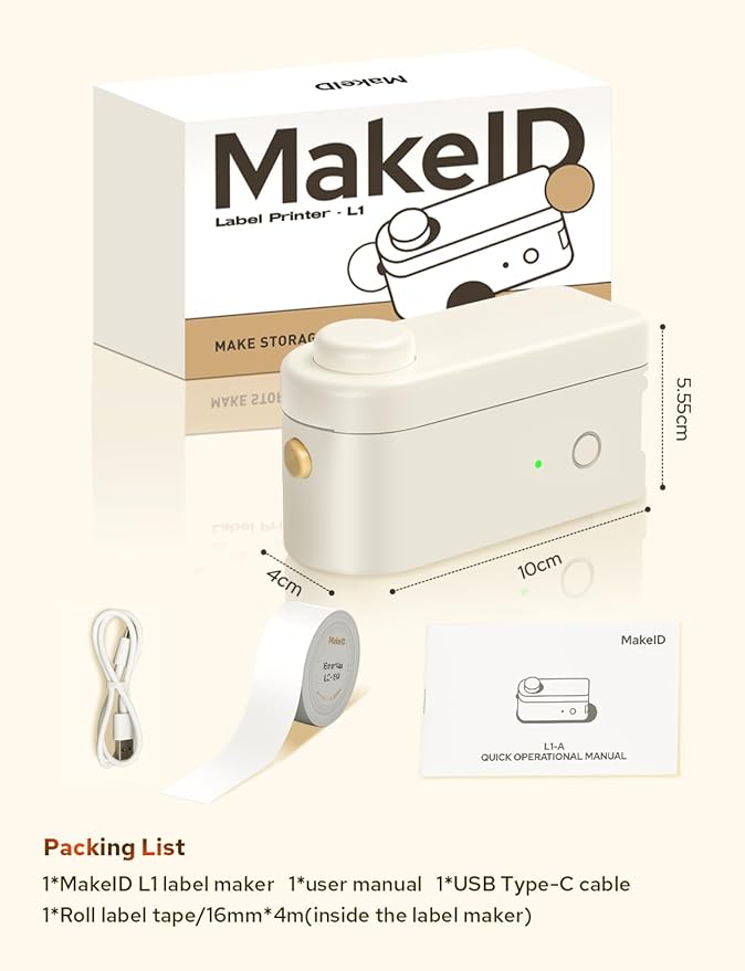 Makeid L1-C Smart Label Maker Machine with 3 Rolls – Mini Bluetooth Label Maker, Portable & Rechargeable, Compatible with 9/12/16mm Waterproof Tapes – for Home, Office, School Organization
