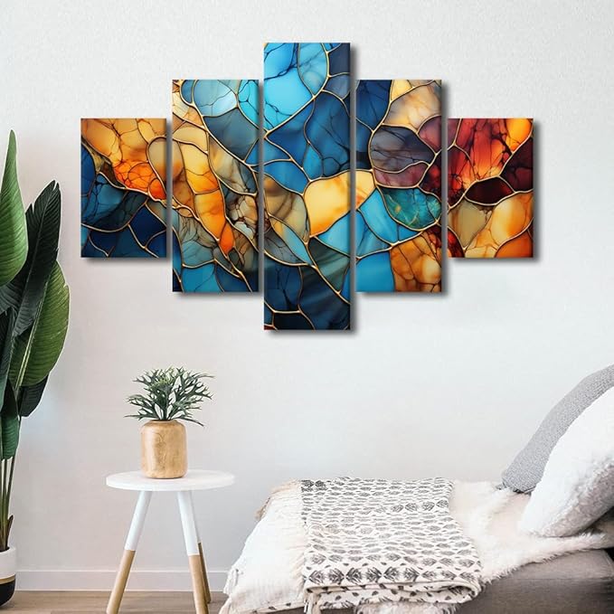 Canvas Wall Art Decor Modern Living Room Wall Art Abstract Autumn and Winter Painting Art 5 Panel Colorful Glass Poster for Men Lady Living Room Home Wall Decor Stretched Ready to Hang 60x40 in