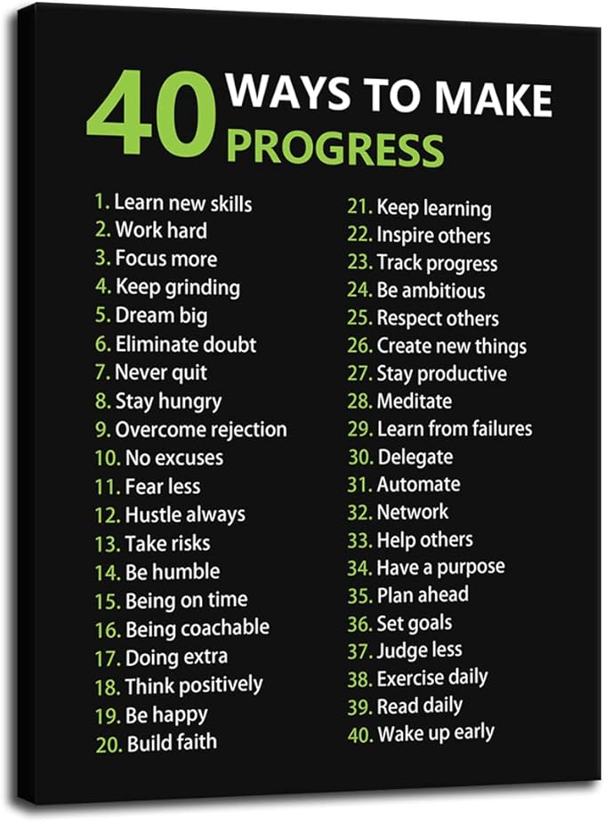 Motivational Canvas Wall Art Inspirational Canvas Painting Positive Quotes Posters 40 Ways to Make Progress Prints Artwork for Library Office Decor Wood Framed Ready to Hang[18" W x 24" H]