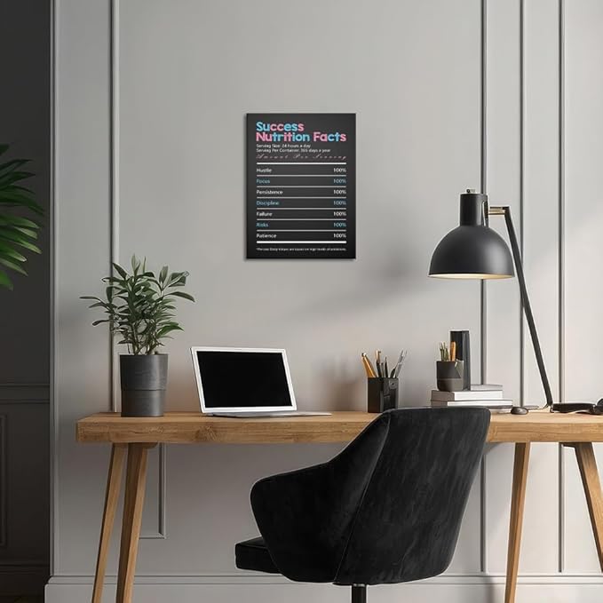 Office Wall Art, Success Nutrition Facts Quotes Poster Inspirational Wall Decor Motivational Canvas Print Modern Entrepreneur Artwork for Bedroom Living Room Home Decoration Framed & Stretched 12"x16"