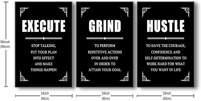 3 Pieces Inspirational Canvas Wall Art Entrepreneur Positive Quotes Poster Print Execute Grind Hustle Motivational Office Wall Decor Suitable for Bedroom Classroom Stretched and Framed [72''Wx 36''H]