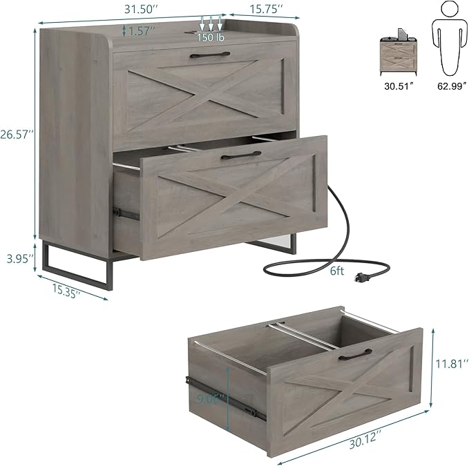 2 Drawer Lateral File Cabinet, Filing Cabinet with Charging Station for Letter/Legal/A4 Size Hanging Files, Modern Farmhouse File Cabinet for Home Office, Printer Stand with Storage, Washed Gray