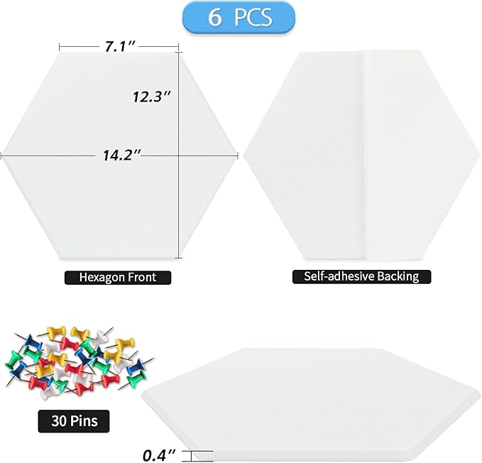 BXI Hexagon Felt Bulletin Board - 14.2 X 12.3 X 3/8 Inches 6 Pcs Self-Adhesive Poster Cork Board 30 Push Pins, Thick Pin Tiles Display Vision Board, Photo Picture Panels for Home Office Classroom