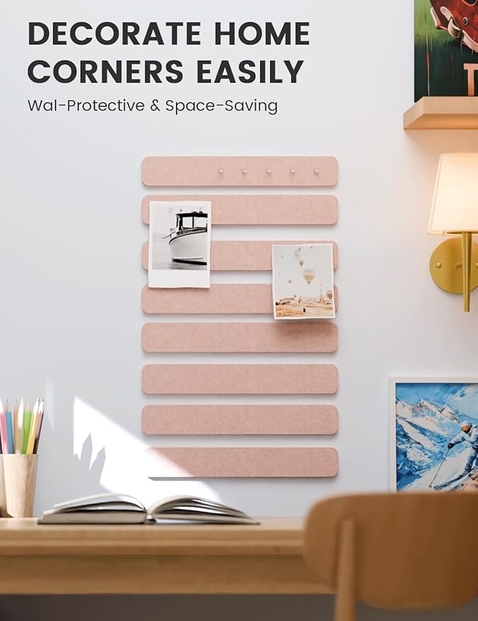 Fluxynara Cork Board Alternative Felt Strip Board 8-Pack 13"x2", Office Pin Board with 50 Push Pins, Adhesive Install for Bedroom Door & Home Office(Pink)