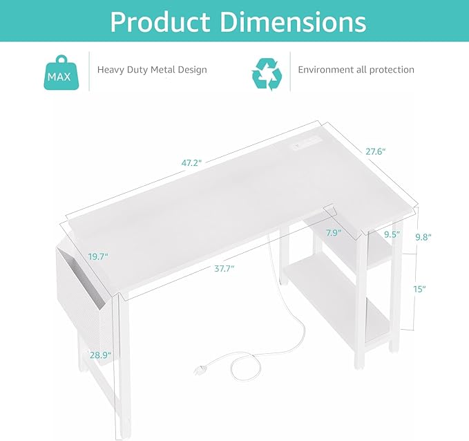 Lufeiya White L Shaped Computer Desk with Power Outlet Shelves, 47 Inch Corner Desk for Home Office Bedroom, L-Shaped Study Writing Working PC Desks, White