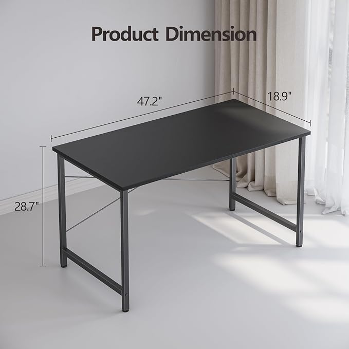 CubiCubi Computer Desk 47" Study Writing Table for Home Office, Modern Simple Style PC Desk, Black Metal Frame, Dark Black