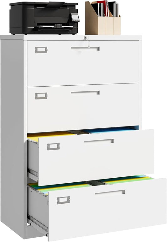 4 Drawer File Cabinet with Lock, 4 Drawer Steel Wide Filing Organization Storage Cabinets, Steel Lateral File Cabinet for Hanging Files Letter/Legal/F4/A4 Size,Assembly Required